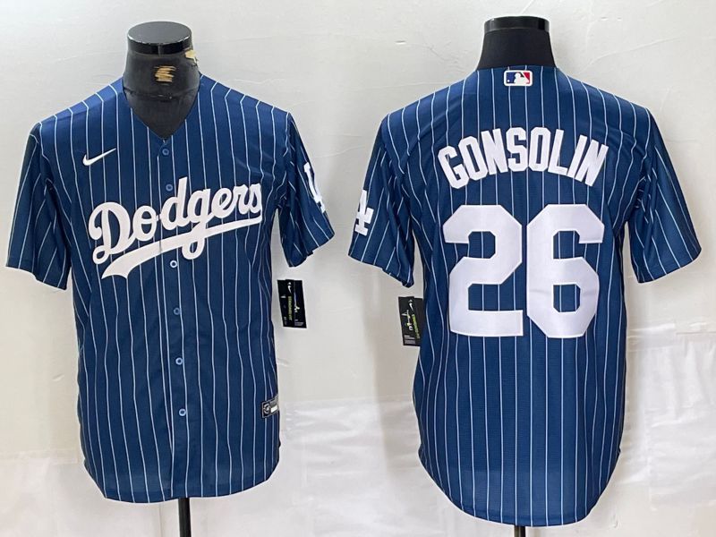 Men Los Angeles Dodgers 26 Gonsolin Blue stirpe 2024 Nike Game MLB Jersey style 1